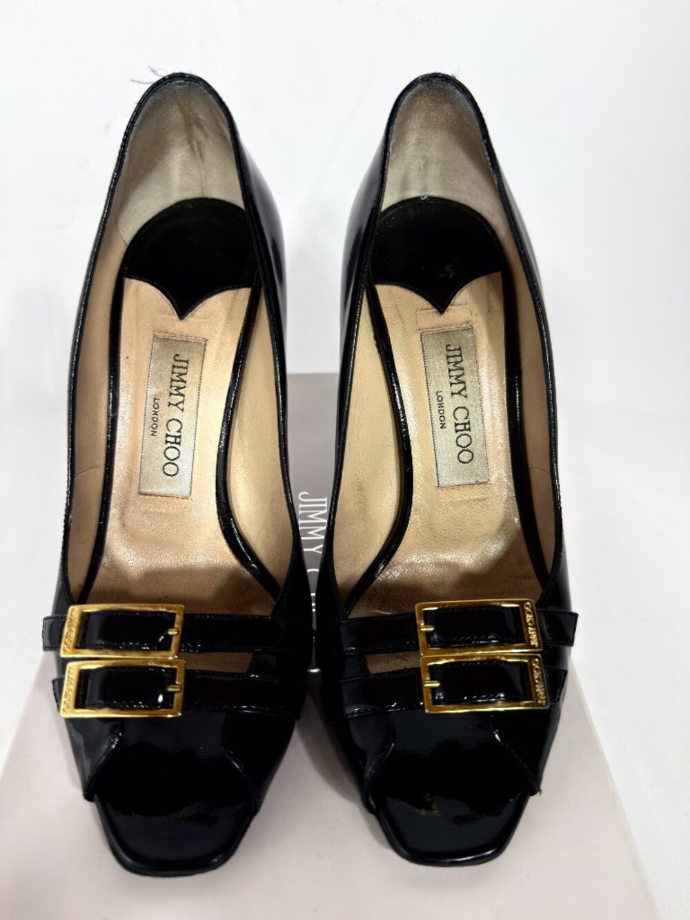 Jimmy Choo Serene 100 Patent Leather Heels Black Gold Buckle Size 37
